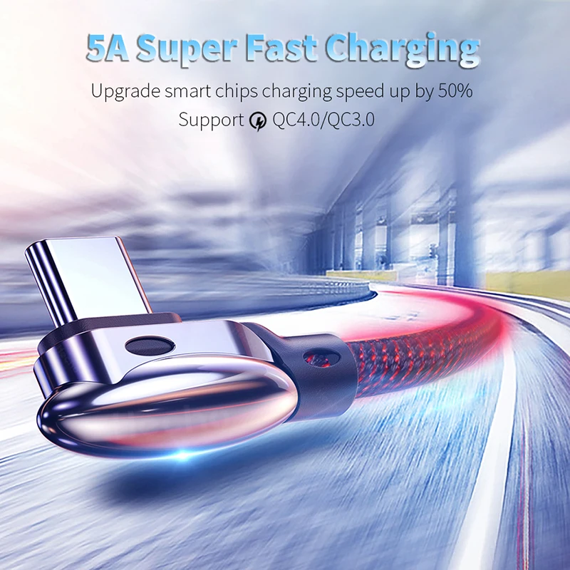 

5A Fast Charging Data USB Type C Cable For Samsung Huawei Xiaomi Redmi LG Mobile Phone Type-C Charger Wire 90 Degree Elbow Kabel