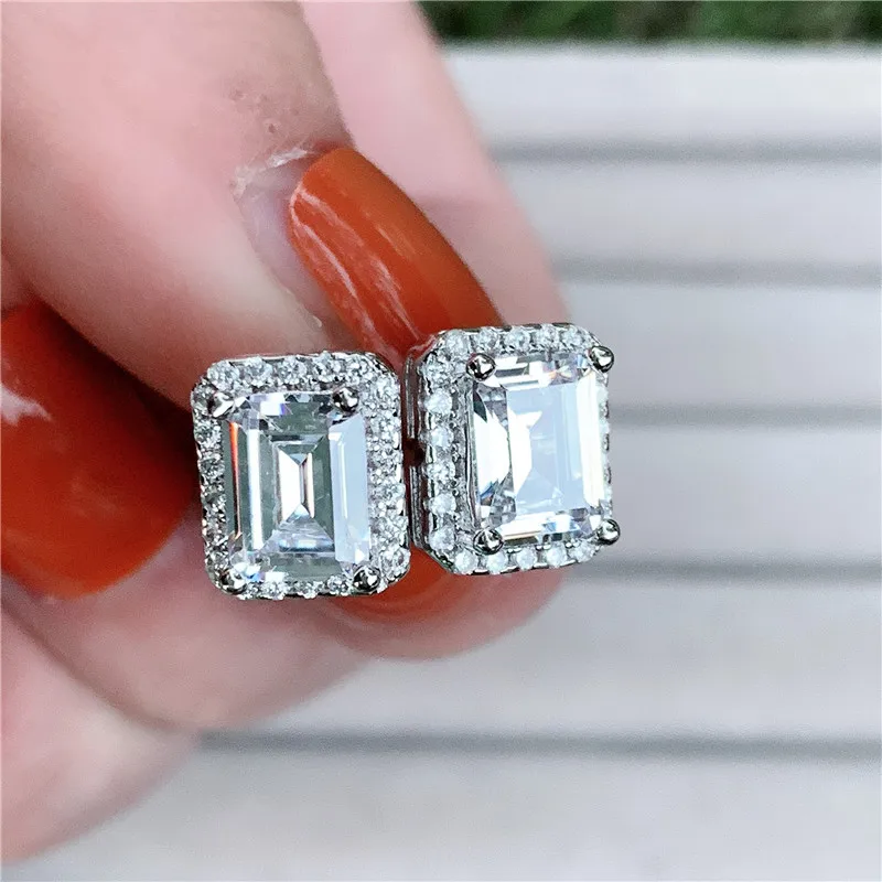 Choucong, очаровательные серьги-гвоздики, Emeald cut AAAAA cz, Настоящее серебро 925 пробы, вечерние свадебные серьги-гвоздики для женщин, свадебные ювелирные изделия