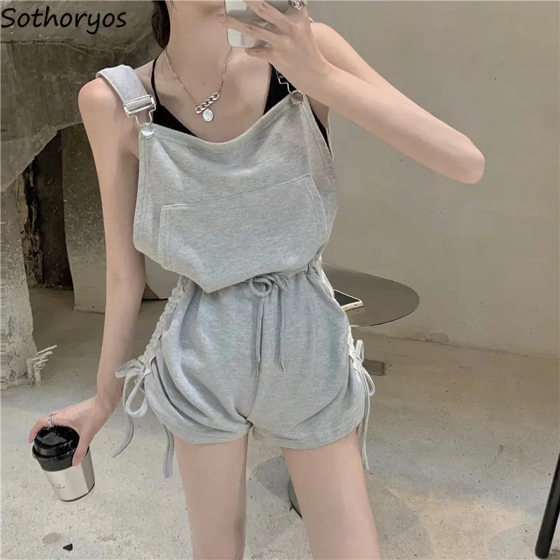 

Women Rompers Casual Solid Students Streetwear High Waist Pockets Simple Summer Wide Leg Trousers Suspender Playsuits Korean New