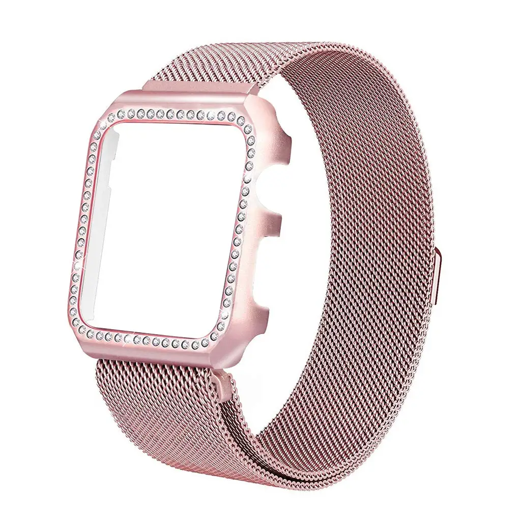 Rose pink Миланская петля+ Алмазный чехол для Apple Watch 42 мм 38 мм браслет из нержавеющей стали ремешок для iWatch 40 мм 44 мм серия 5 4 1 2 3 - Цвет ремешка: Rose pink