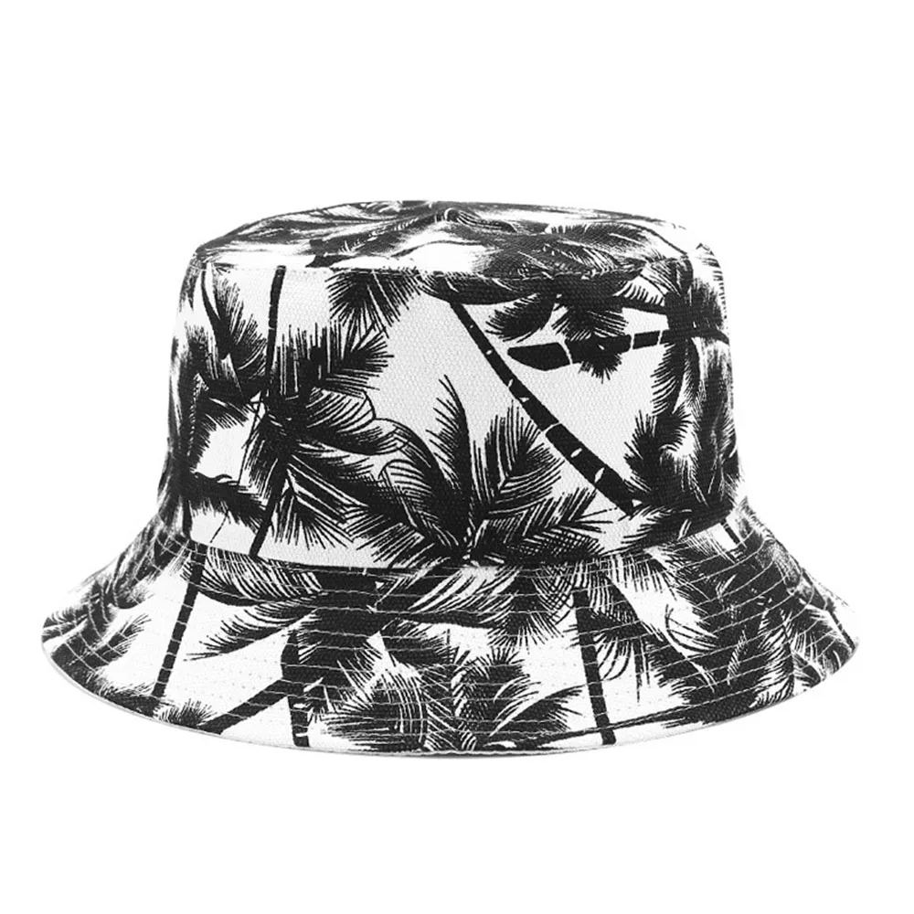 

New Unisex Fashion Summer Reversible Black White Coconut Tree Printed Fisherman Caps Bucket Hats Gorro Pescador Men Women