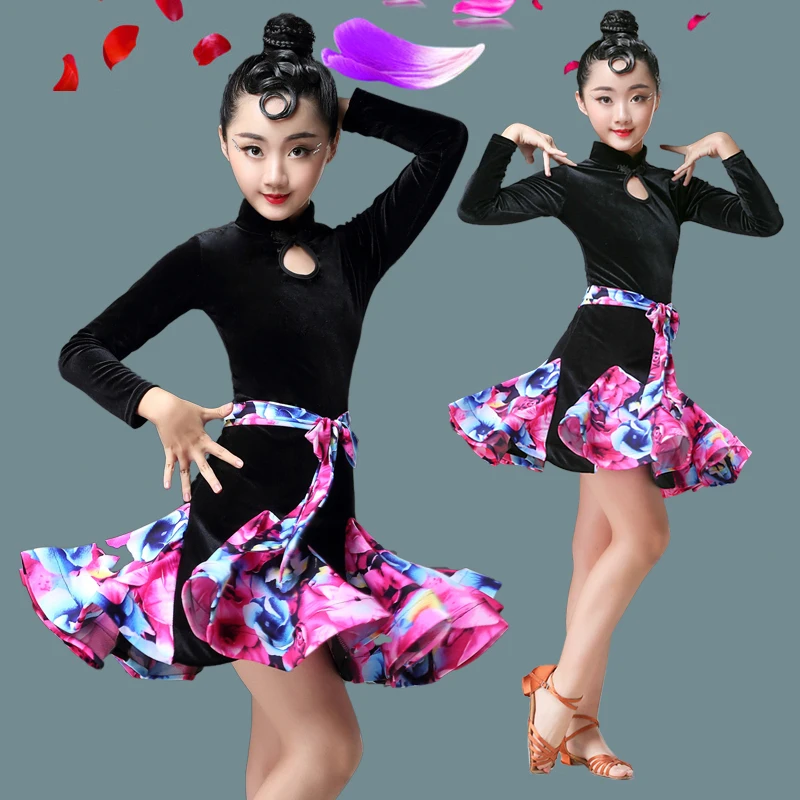 

Fashion Rose Red Print Girls Latin Dance Dress Kids Ballroom Competition Evening Party Stage Performance Clothing Set 110-180cm
