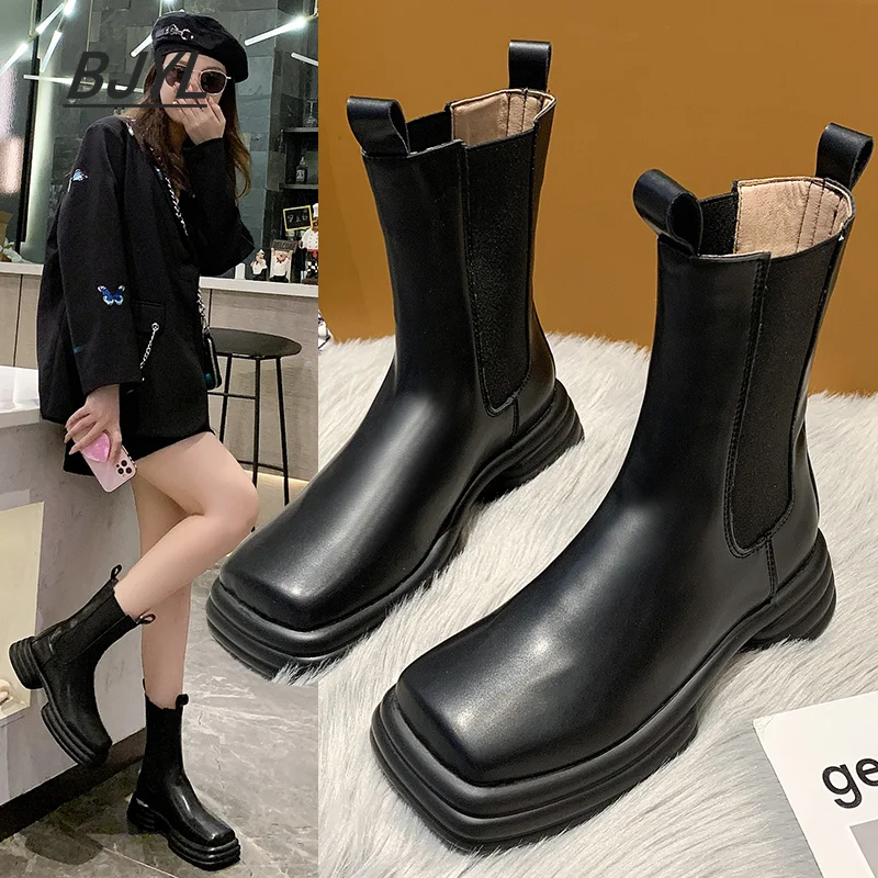 

2021 new thick heel women's winter shoes PU leather ankle boots black women's autumn fashion platform ankle boots