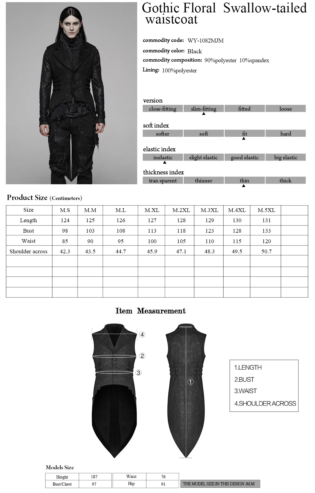 

PUNK RAVE Men's Gothic Floral Swallow-tailed Waistcoat Floral Suede Fabric handesome Retro Formal Mens Slim Fit Winter Vest