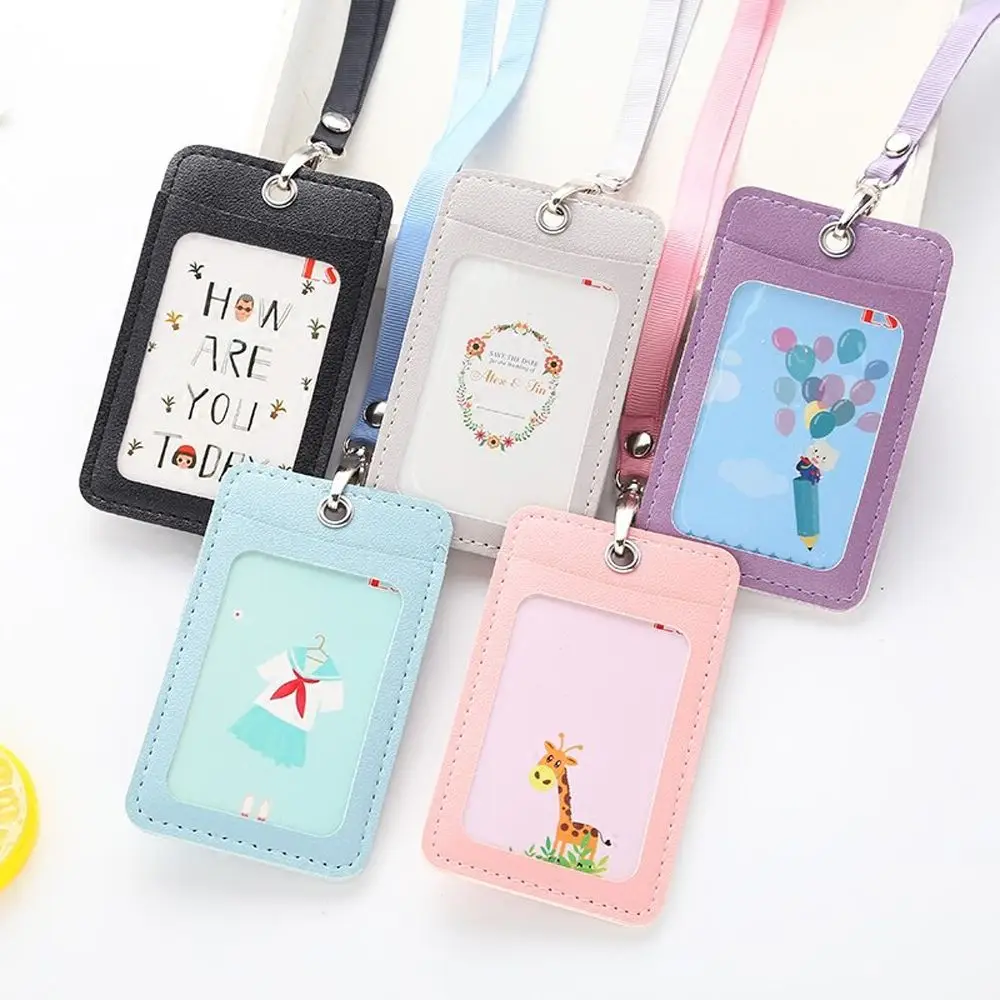 1pc Leather Card Holder Neck Strap with Lanyard Badge Staff Identification Bus ID Holders Kawaii Stationary Gifts |