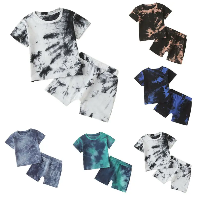 

Short Sleeve Tie Dye Tops Pants Set Kids Babys Crew Neck Outfits Boys Girls Basic T-shirt Shorts Sets