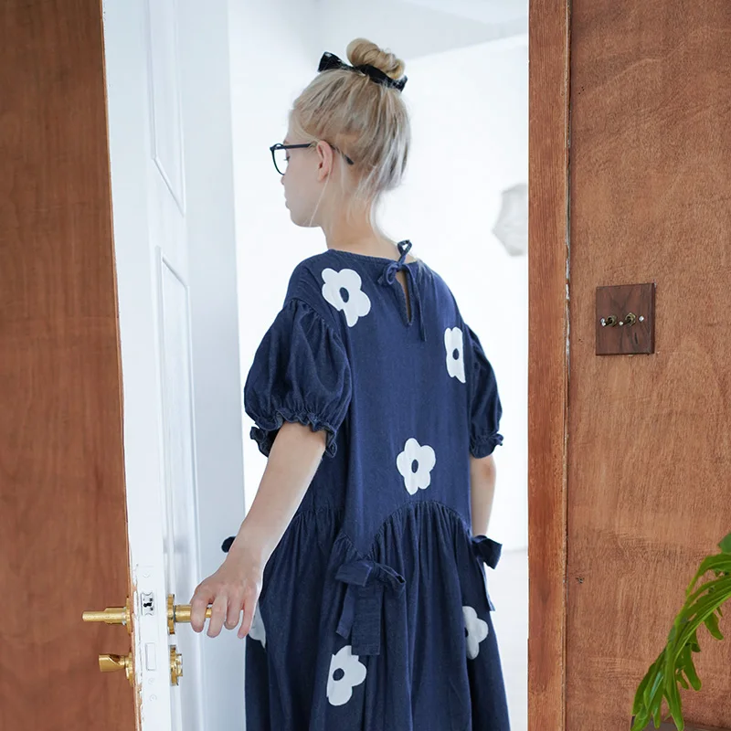 Платье imakokon женское джинсовое с пышными рукавами милое свободное платье средней