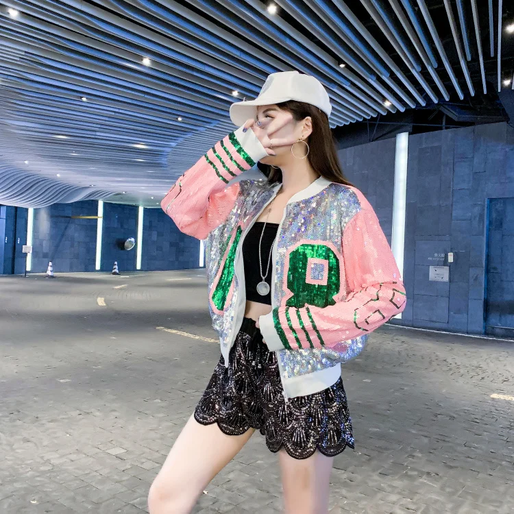 Veste Femme printemps новые блестки с длинным рукавом О-образным вырезом 08 модные куртки с блестками на молнии Женская шикарная Клубная верхняя одежда и пальто
