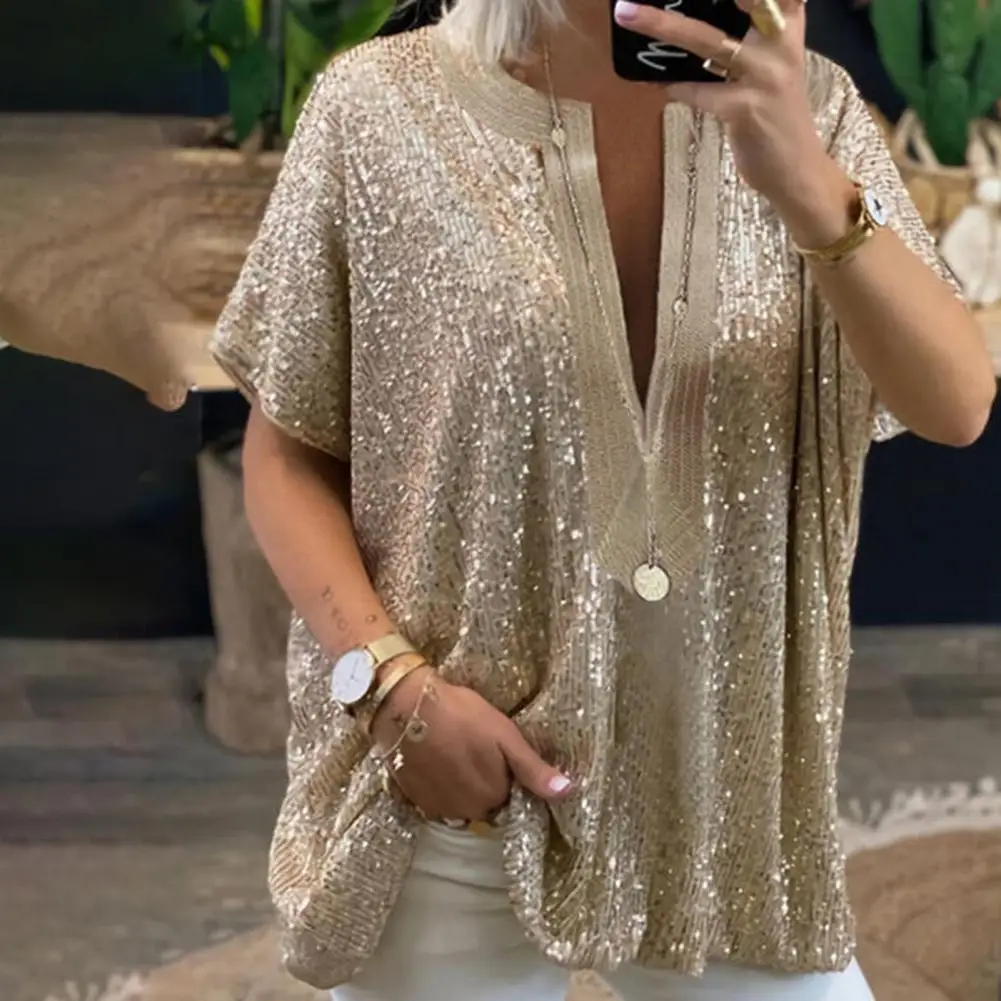 

Summer Sequined T-Shirt for Women Short-Sleeved Urban Casual Solid t Shirt Women Tops V Neck Party Loose Pullover Women Blousa