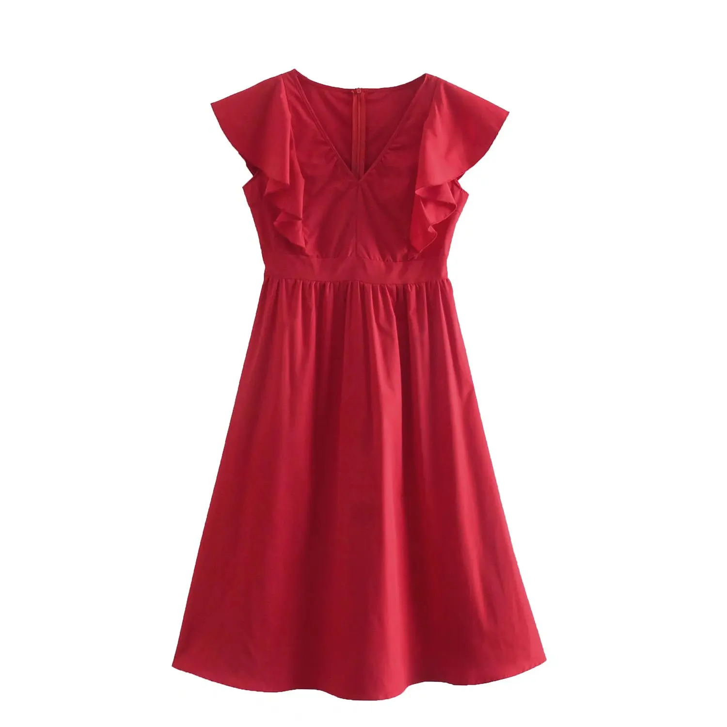 

Women Elegant Red Dress with Ruffled Short Sleeves V-neckline with Pleated Detail Chic Lady Woman Vintage Midi Dresses