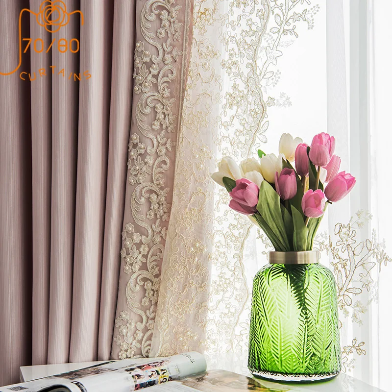 New French Princess Style Girl Room Pink Lace Stitching Curtains for Living Room Bedroom Customization