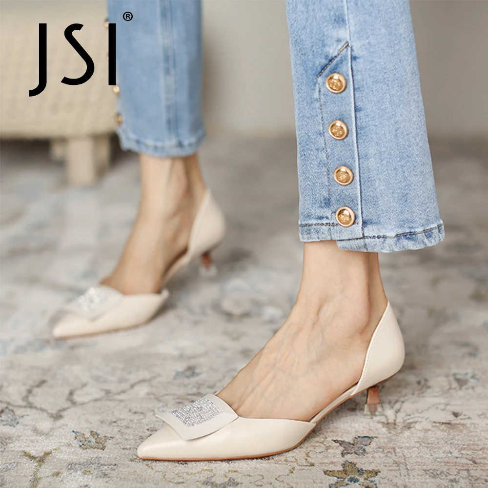JSI Women Pumps Elegant Pointed Toe Wild Breathable Shoes Hollow Button Sexy Dress Rhinestone Party Wedding Lady Pumps VO529