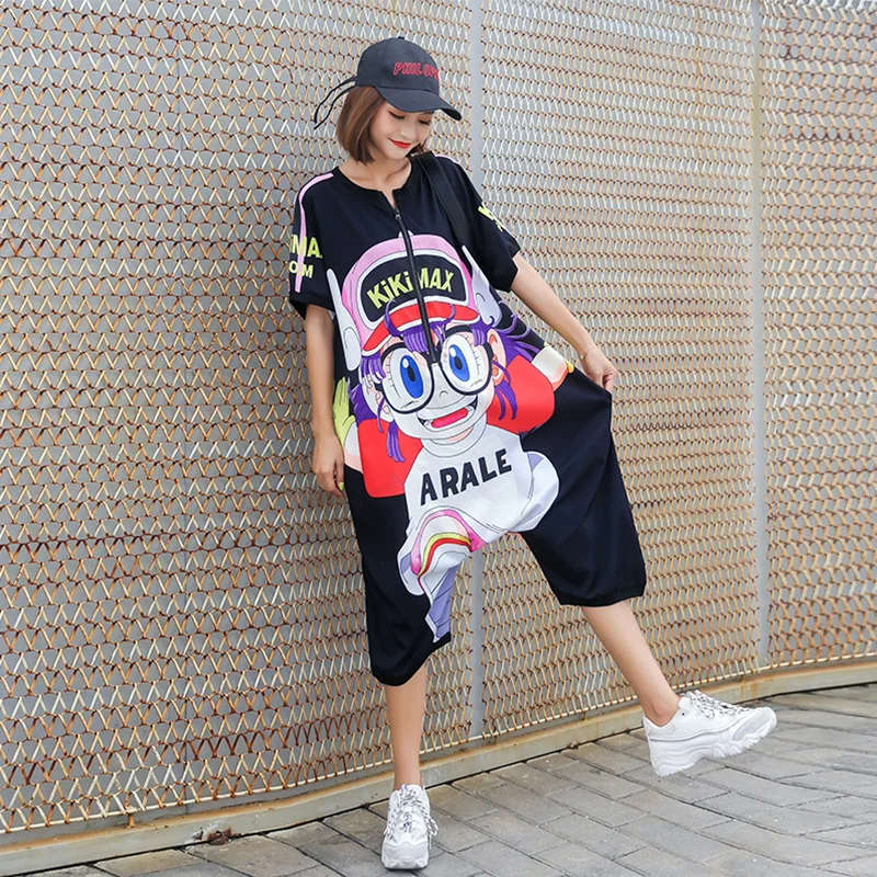 Женский тонкий комбинезон на молнии Свободный с коротким рукавом и мультяшным