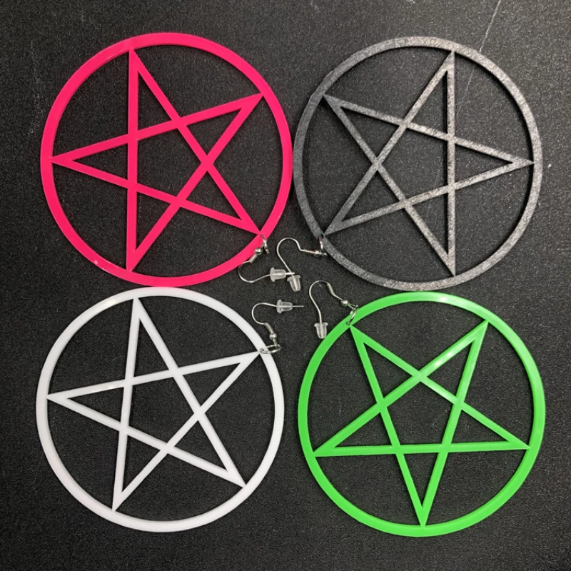 

New Big Black Pink Pentagram Round Acrylic Hanging Dangle Earrings For Women Large Star Drop Earring Statement Fashion Jewelry