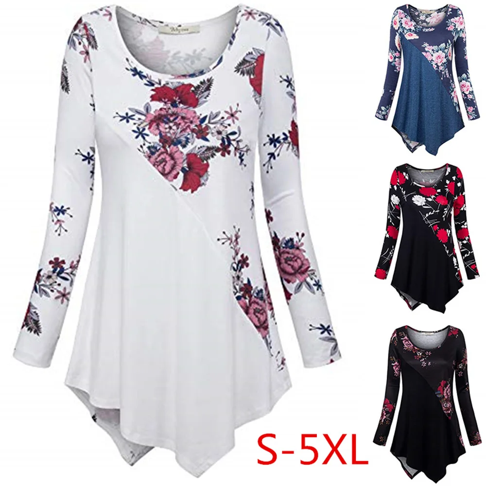 Wipalo Женский топ с длинным рукавом и круглам вырезом цветочный принт футболка