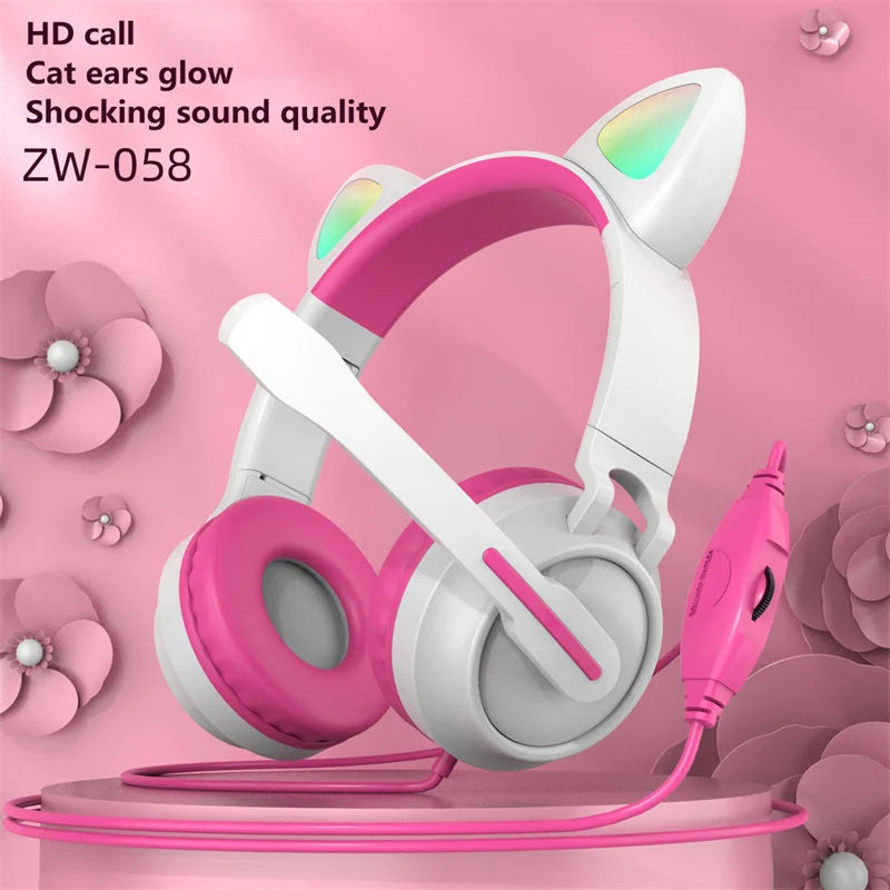 

New product ZW-058 cute fashion head-mounted luminous cat ear wired headset HD mic foldable children's learning headset