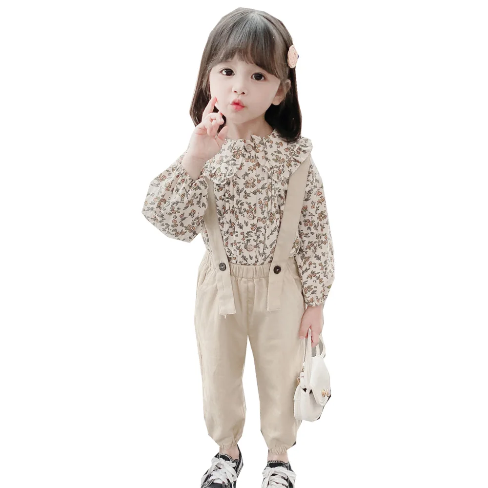 

1-4 Age girl clothes summer two-piece fashion floral long-sleeved jacket + Solid color strap casual pants quality child clothing
