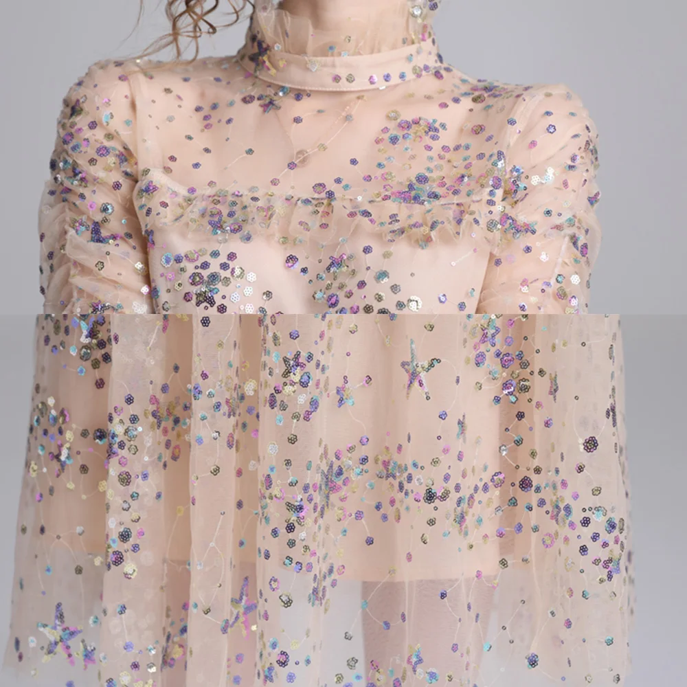 

Banulin HIGH QUALITY Newest Stylish 2019 Runway Party Dress Women's Long Sleeve Star Sequined Embroidered Gauze Mesh Dress
