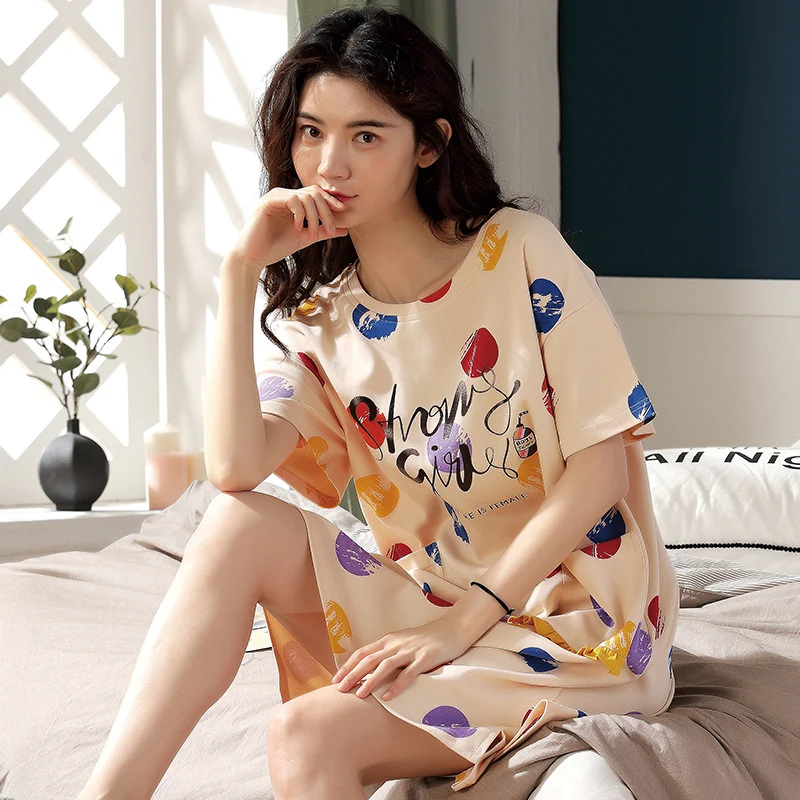 

Summer Nightgown 100%Cotton Women Nightwear Printed Short Sleeve Round Neck Girls Nightdress M-XXL Female Sleepwear