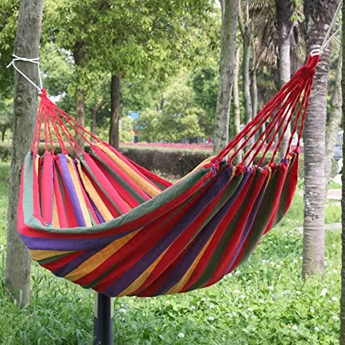 

190cm x 80cm Stripe Hang Bed Canvas Hammock 120kg Strong and Comfortable (Red)