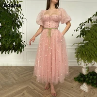 booma 2021 pink tulle prom dresses sweetheart short puffy sleeves midi prom gowns ribbons belt tea length formal party gowns