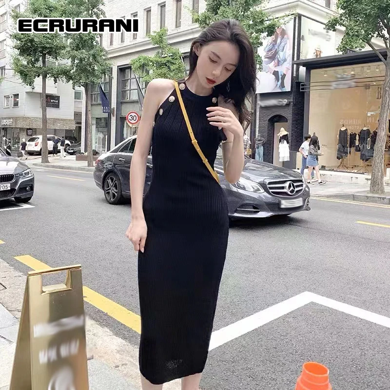 

ECRURANI Elegant Dress For Women O Neck Sleeveless Off Shoulder High Waist Slim Tunic Dresses Female Summer Clothing New Style