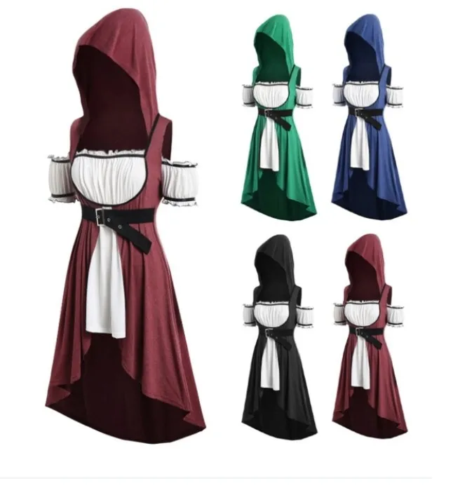 

Dirndl Dress Plus Size Women Vintage Medieval Cosplay Fake 2 Pieces Shoulder Off Beer Girl Hooded Maid Dress Masquerade S-5XL