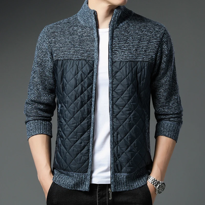 Men's Fleece Jumper Sweater Autumn Winter New Splicing Coat Casual Stand Collar Knitted Brand Menswear Warm Zip Up Jacket