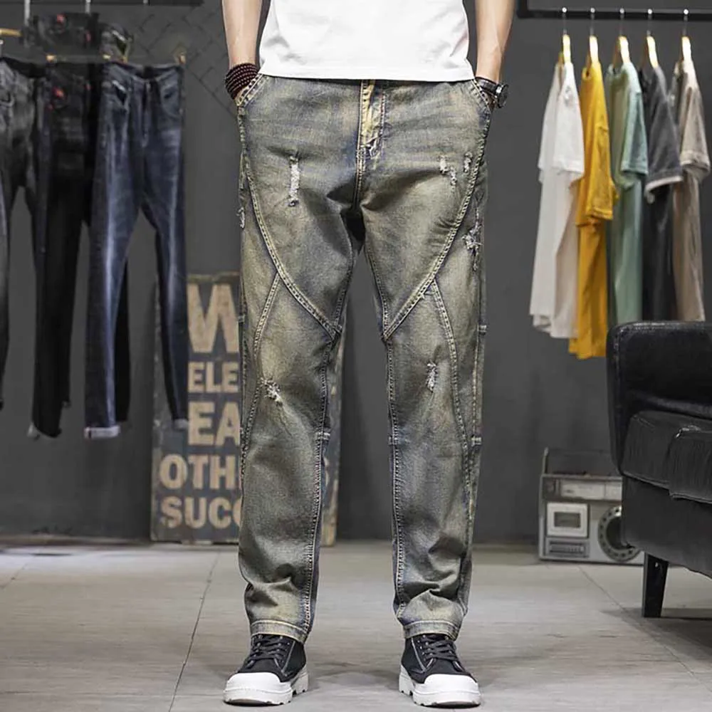 Spring Summer Fashion Denim Men Casual Loose Baggy Jeans Straight Trousers Patchwork Ripped Pants Streetwear Clothing