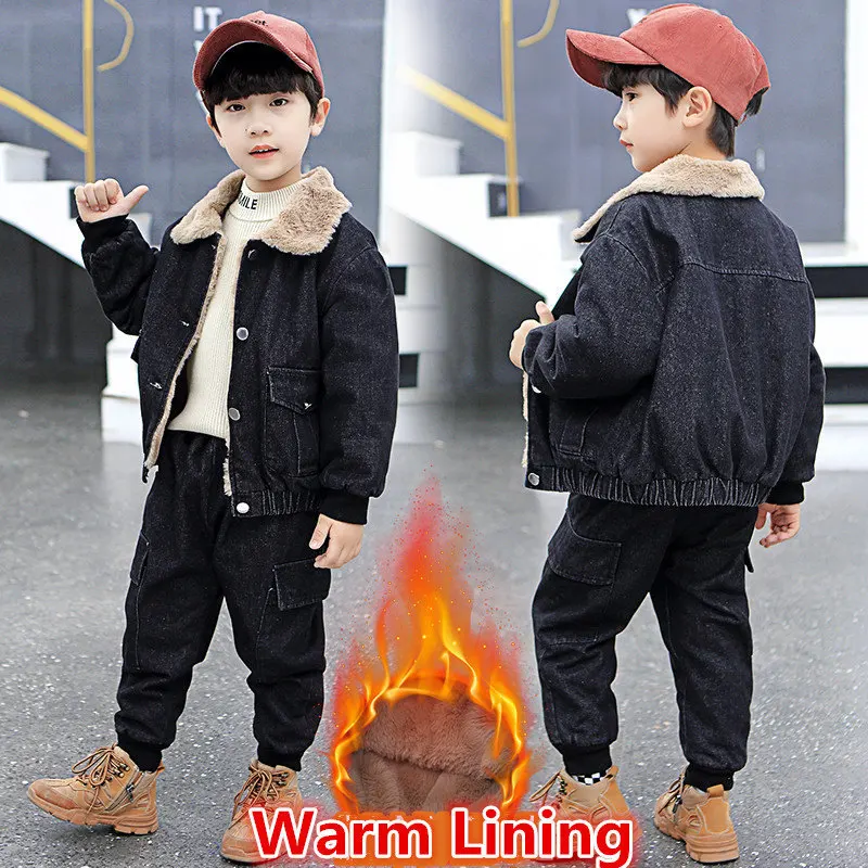 

Fashion Teenage Boys Denim Clothes Set Children Warm Fur Jeans Coat + Pants Winter Baby Boys Cotton Thicken Suits 3-13Years Old