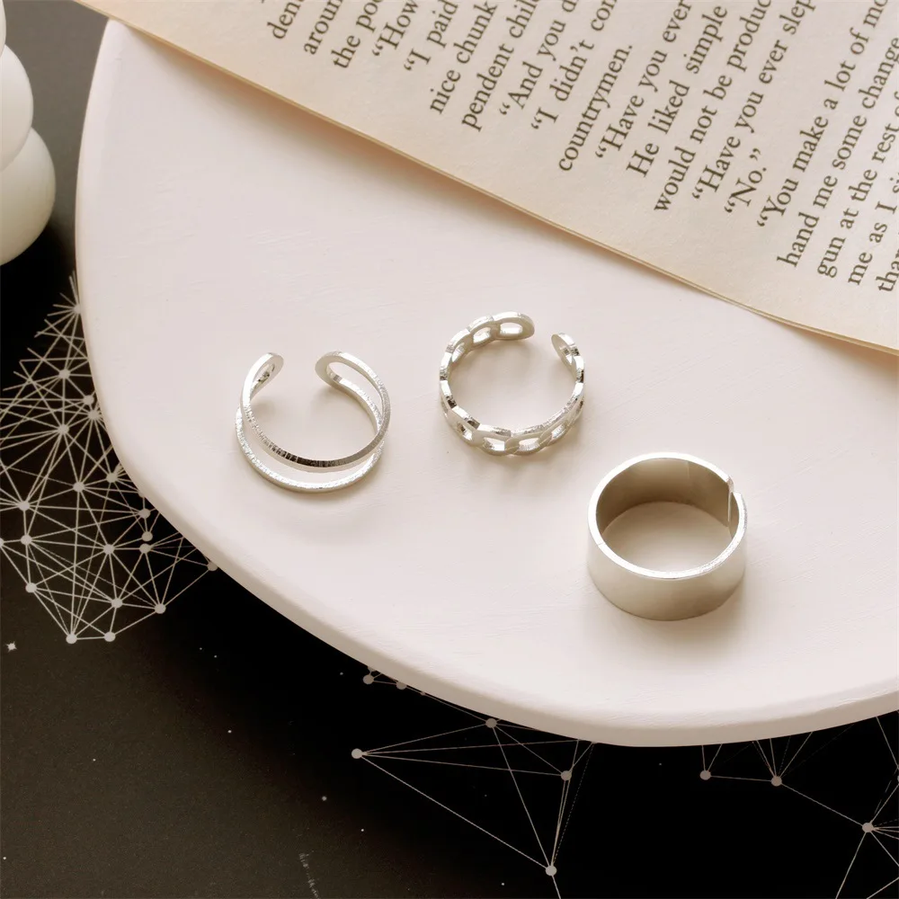 

2020 Trendy Hip-hop Punk Style Ring for Women Silver colour Double-layer Hollow Open Rings Three-piece Set Fashion Jewelry Gift