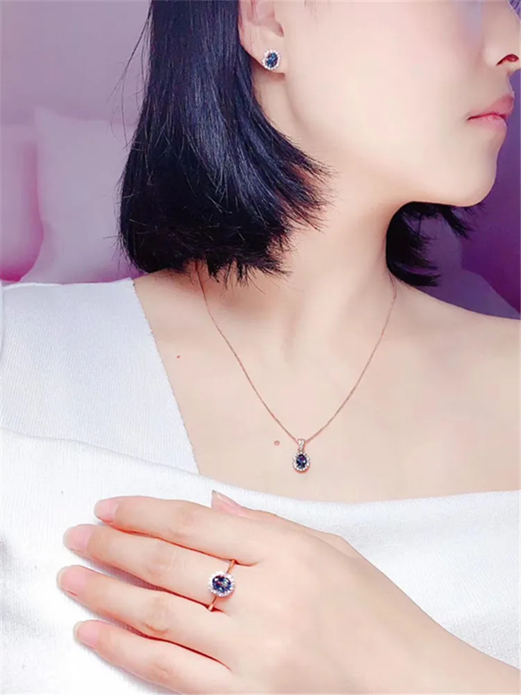 

MDINA Natural London Blue Topaz Ring Necklace Pendant Stud Earrings Three-Piece Set Lady Dark Blue Gem Engagement