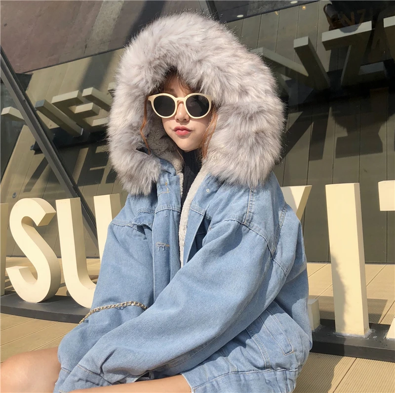 Новинка 2019 зимняя джинсовая куртка короткое пальто большой меховой воротник из