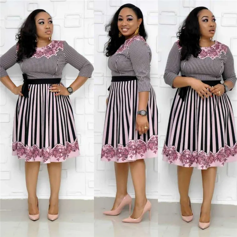2019 африканские женские миди платья в полоску с цветочным принтом размера плюс