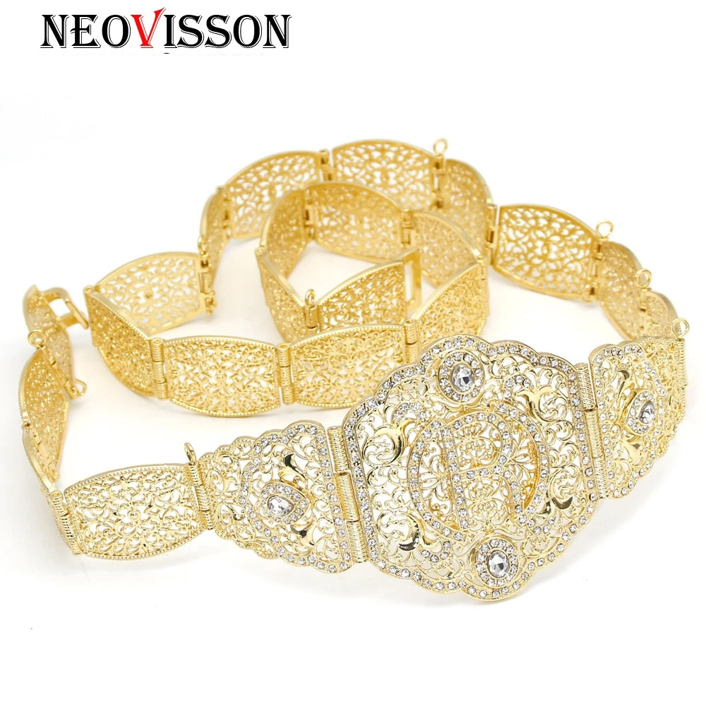 

NEOVISSON Gold Color Algeria Women Belt R Ethnic Wedding Dress Jewelry Full Rhinestone Metal Chain Wholesale