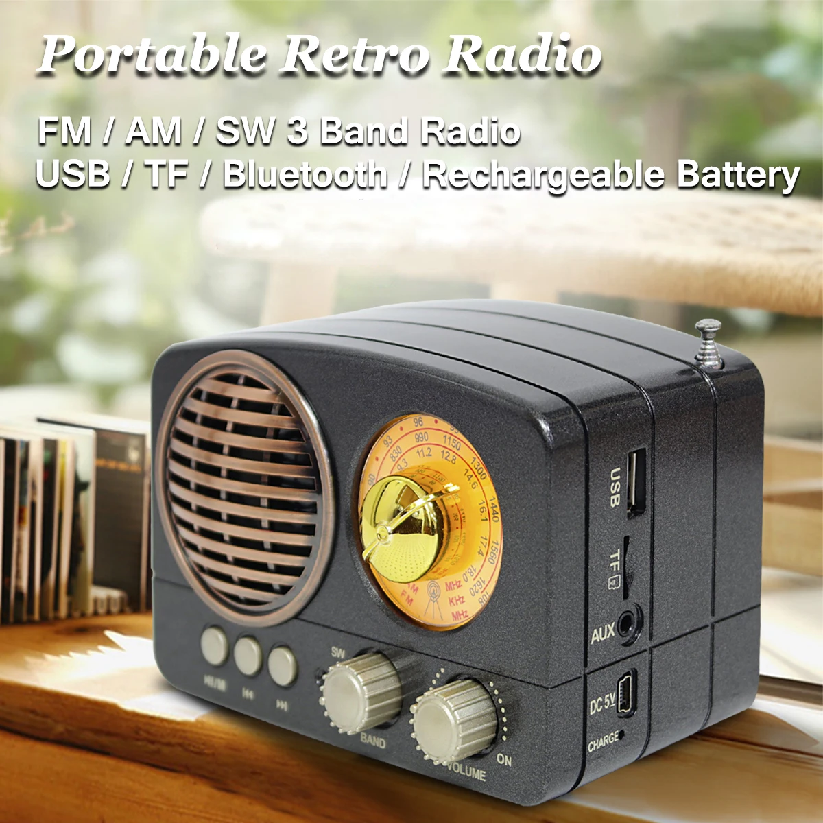 

Potable Retro Radio Wireless bluetooth HIFI Speaker Stereo Headset FM AM SW USB AUX TF Card MP3 Multimedia Classical Receiver