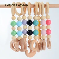 wood baby teether organic wooden animal teether natural teething grasping toy wooden beads kid tooth training ring diy baby gift