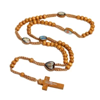 religious jewelry cross jesus pendant rosary necklace natural wood hand woven wooden beads jerusalem catholic jewelry