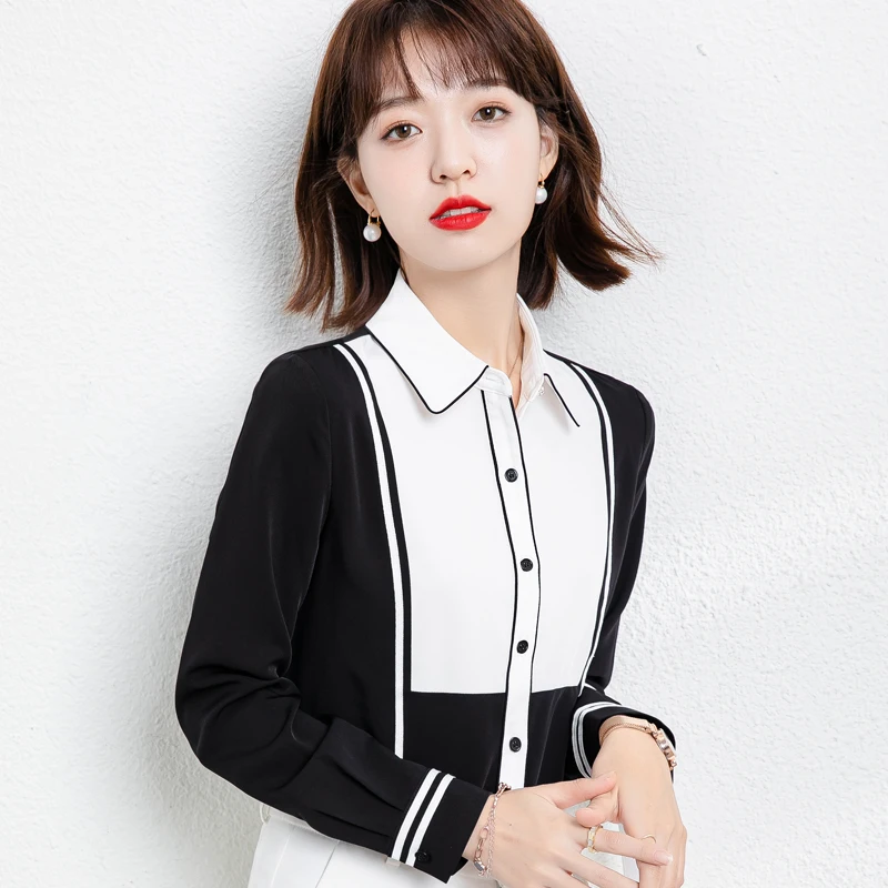 

Fashion Women Shirt Autumn New Long Sleeve Chiffon Black Color matching Blouse Shirt Female Formal Work