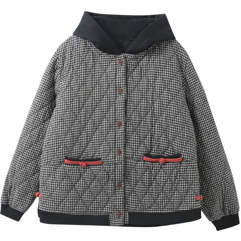 

2020 winter new cotton hemp coat Korean version large size thin printing thickened hooded Cotton Plaid Cotton Coat women