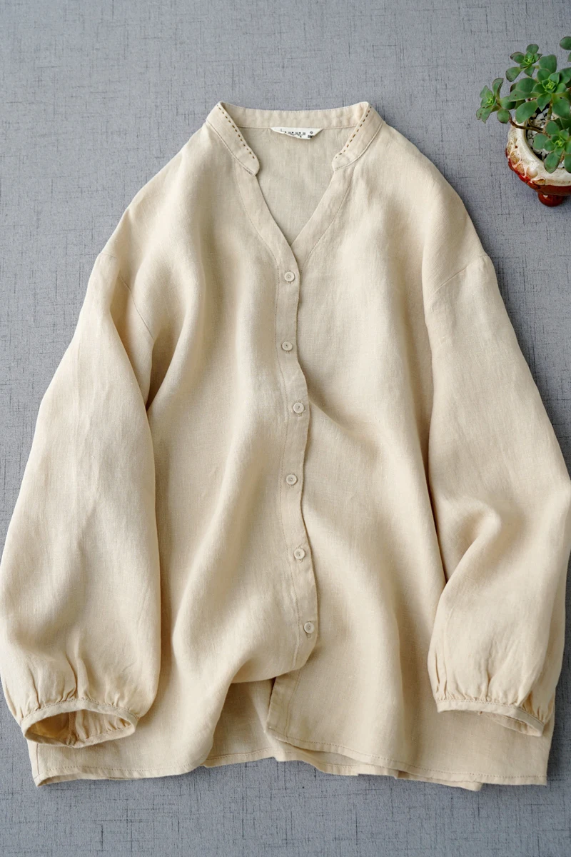 

Spring Summer Women Brief Basics Loose Plus Size Comfortable Water Washed Linen Shirts/Blouse