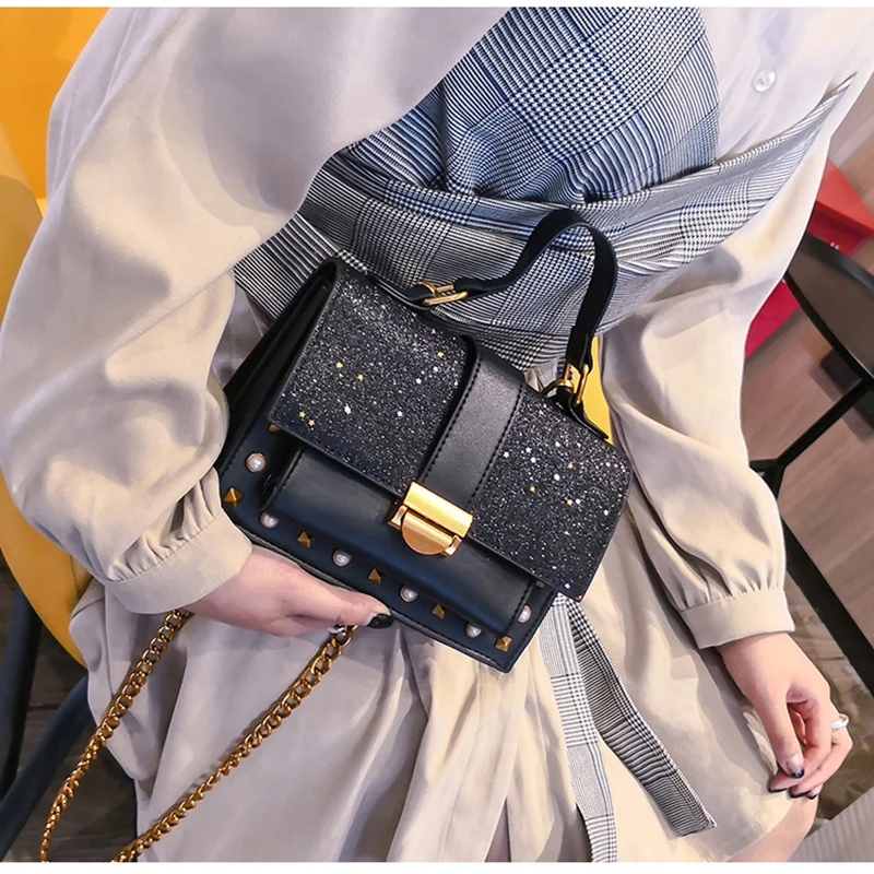

LILY QUEEN Women Luxury Crossbody Messenger Bag Sequins Chain Hasp Shoulder Handbag Pearl Rivet Solid PU Bolsa