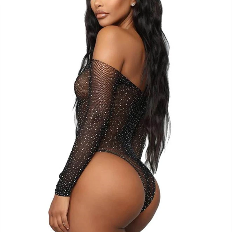 Черные однотонные сетчатые женские боди с длинным рукавом клубный стиль ночной