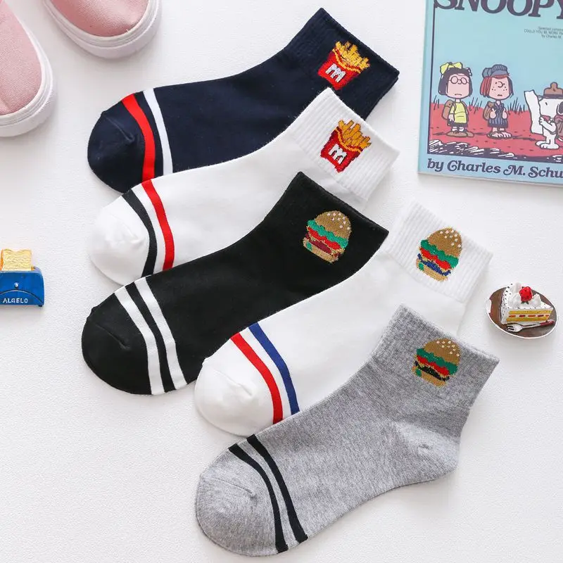 New Striped Cotton Cartoon Food French Fries Burger Women Socks Funny Harajuku Cute Korean Fashion ankle Socks Happy Unisex35-43