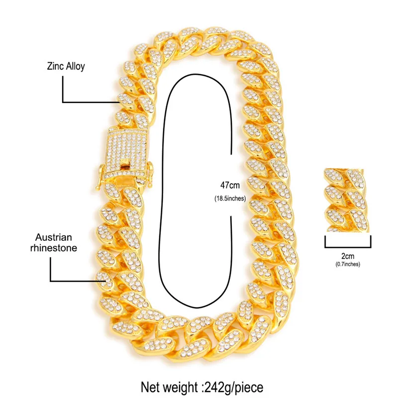 

Hip Hop Jewelry 20mm Cuban Miami Link Chain 16-28inch Iced Out Rhinestones Heavy Hipster Necklace Bling Charms Gift for Men