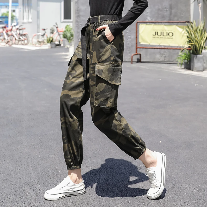 Женские студенческие Длинные свободные камуфляжные брюки с высокой талией