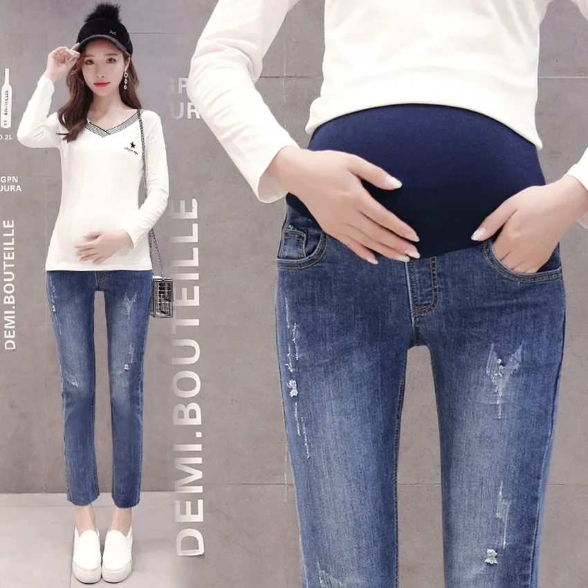 Джинсы для беременных женщин с эффектом потертости узкие прямые брюки дырками