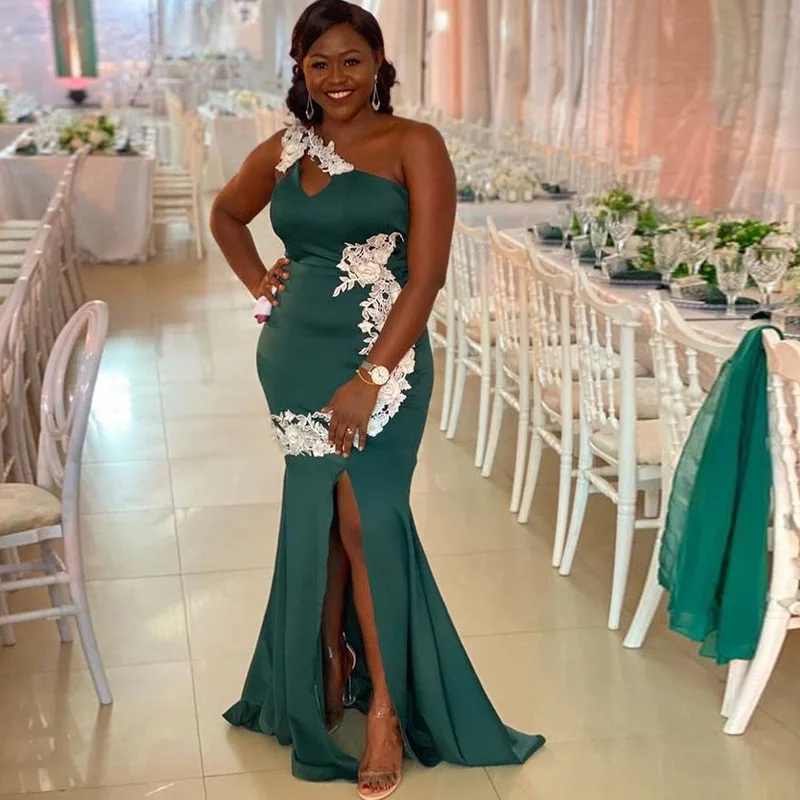 

One Shoulder Mermaid Bridesmaid Dresses Appliques Split Slit Wedding Party Dress For African Women robe de soirée de mariage