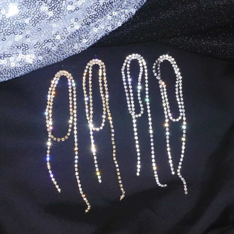 Новые дизайнерские блестящие длинные кисточки Кристаллы Стразы Серьги золотого