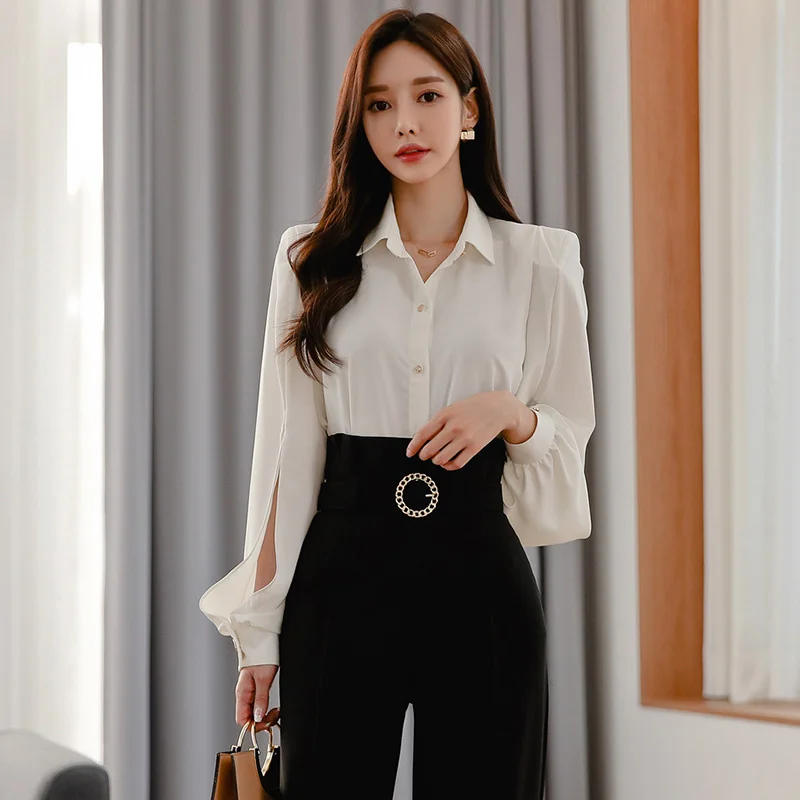 

Autumn Winter Women's Korean Style Chic Lapel Long Sleeve Shirt Slim Bottoming Shirt Design Blouse Rac